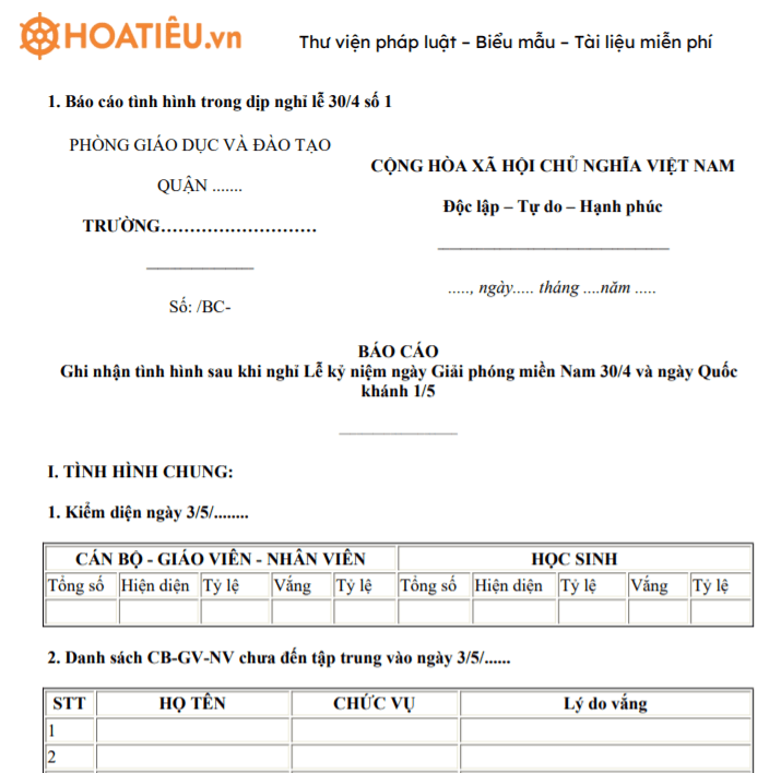 Mẫu báo cáo tình hình trong dịp nghỉ lễ 30/4