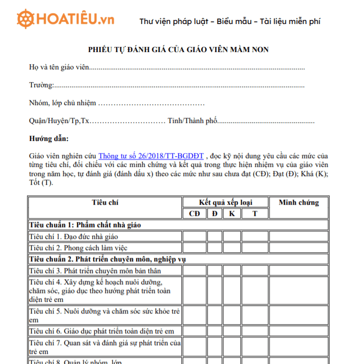 Phiếu tự đánh giá xếp loại của giáo viên mầm non