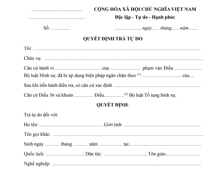 Mẫu 48/CQĐT: Quyết định trả tự do