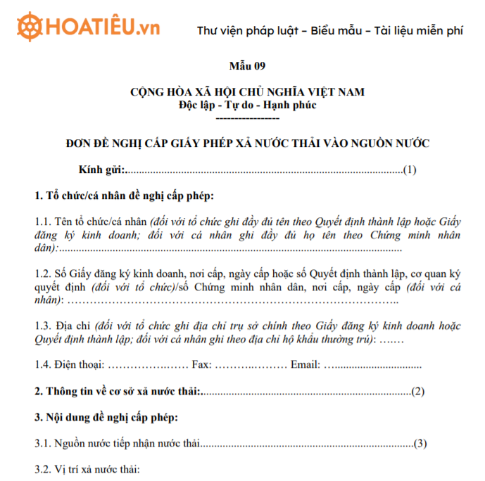 Mẫu đơn đề nghị cấp giấy phép xả nước thải vào nguồn nước