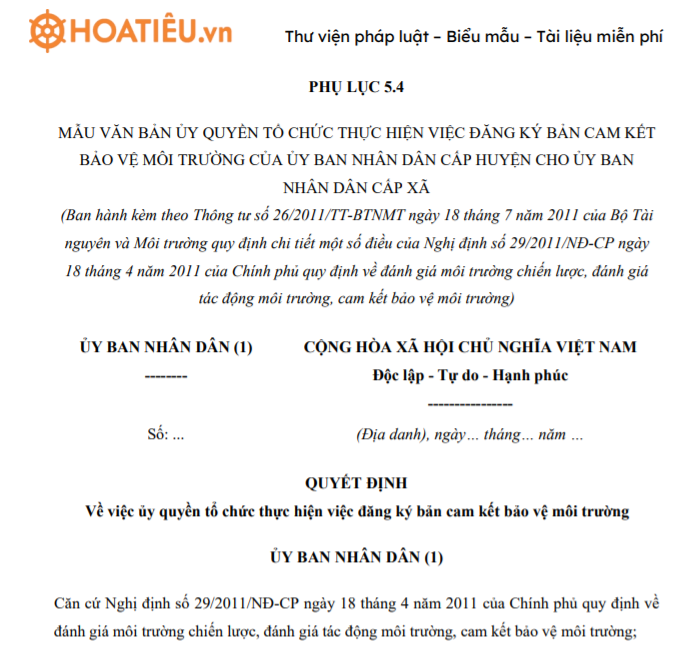 Phụ lục 5.4: Mẫu văn bản ủy quyền cho ủy ban nhân dân cấp xã đăng ký bản cam kết bảo vệ môi trường