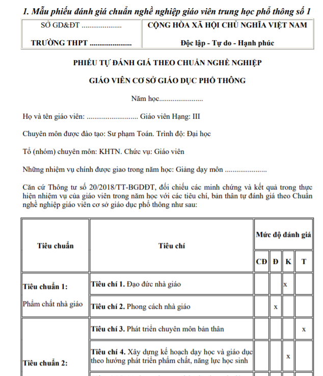 Mẫu phiếu tự đánh giá theo chuẩn nghề nghiệp giáo viên cơ sở giáo dục phổ thông