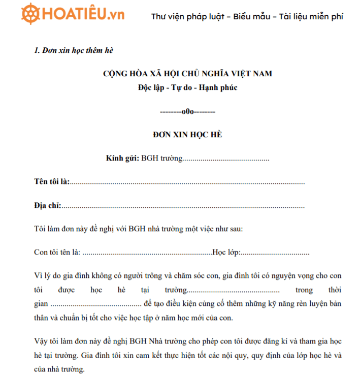 Đơn xin học hè
