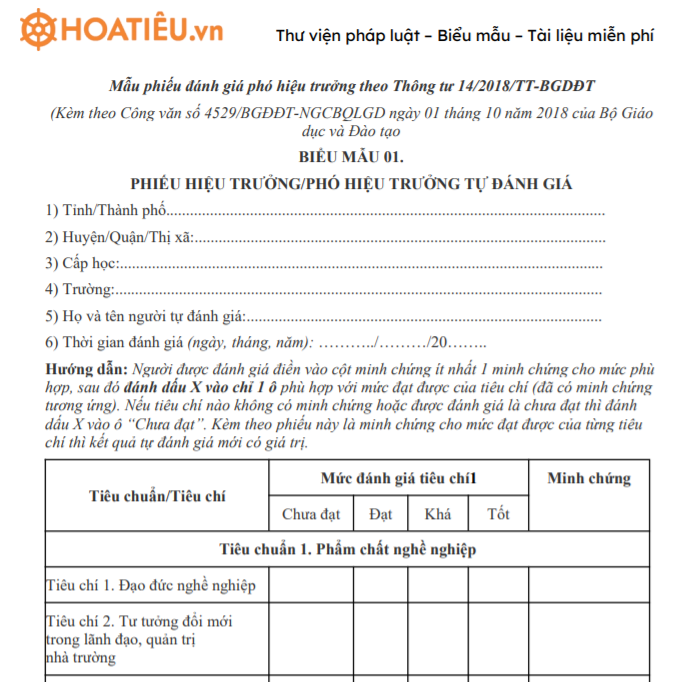 Mẫu phiếu đánh giá chuẩn phó Hiệu trưởng 