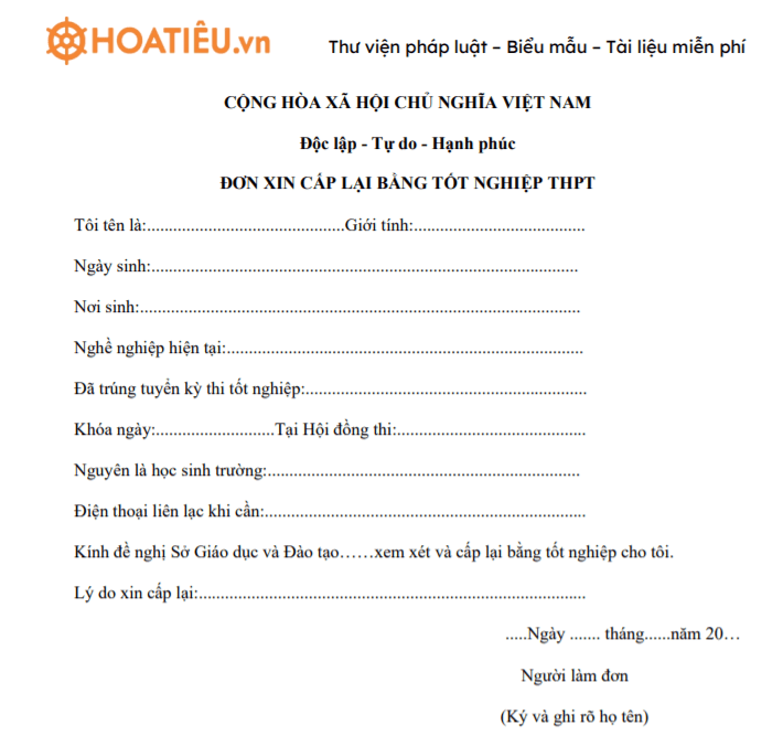 Đơn xin cấp lại bằng tốt nghiệp THPT