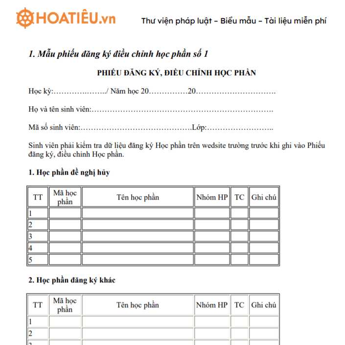 Phiếu đăng ký điều chỉnh học phần