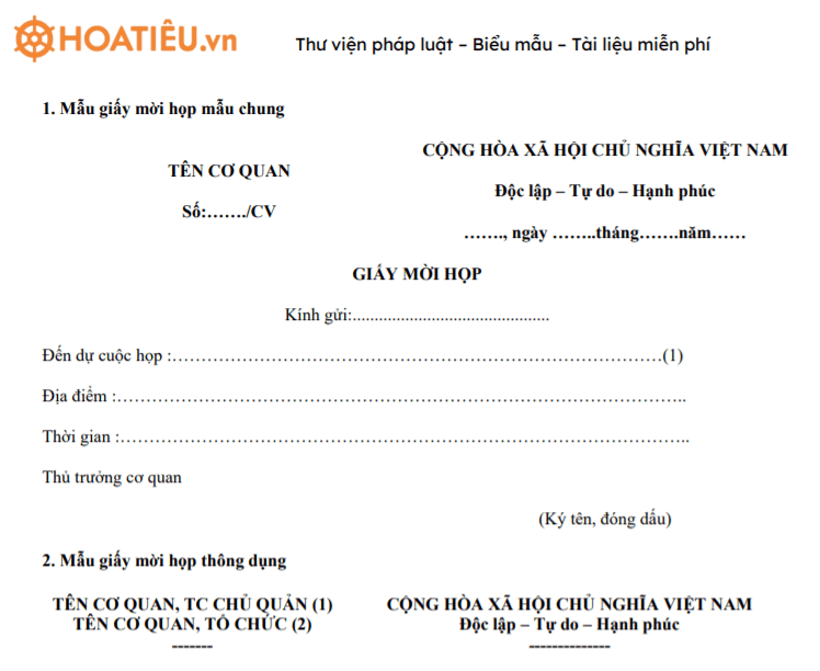 Mẫu giấy mời họp