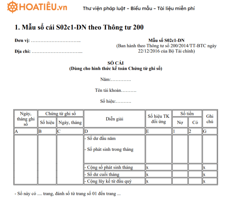 Sổ cái dùng cho hình thức chứng từ ghi sổ
