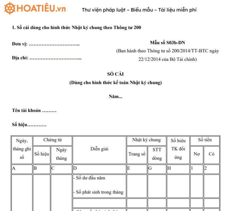 Sổ cái dùng cho hình thức Nhật ký chung