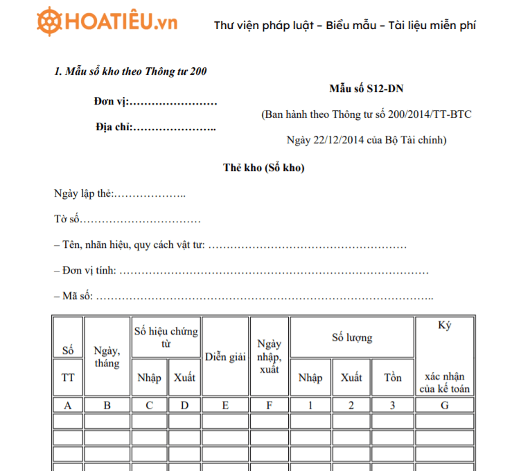 Sổ kho (Thẻ kho) 2021