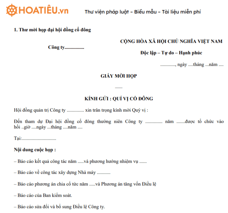 Thư mời họp đại hội đồng cổ đông