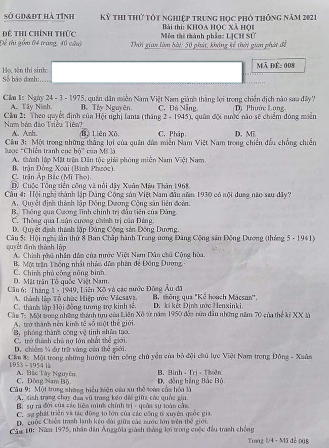 Đề thi thử môn sử 2021 của tỉnh Hà Tĩnh