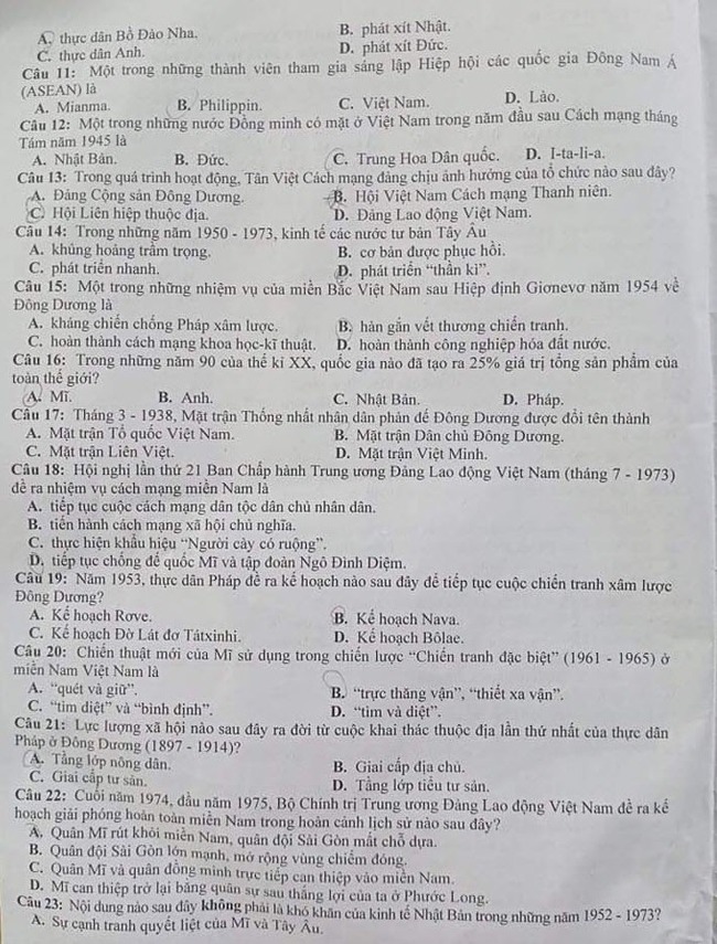 Đề thi thử môn sử 2021 của tỉnh Hà Tĩnh  