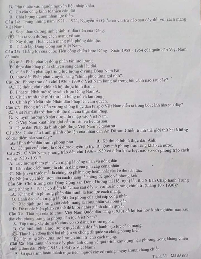 Đề thi thử môn sử 2021 của tỉnh Hà Tĩnh  