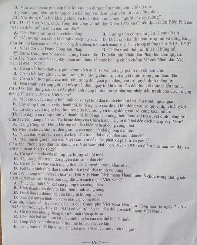 Đề thi thử môn sử 2021 của tỉnh Hà Tĩnh  