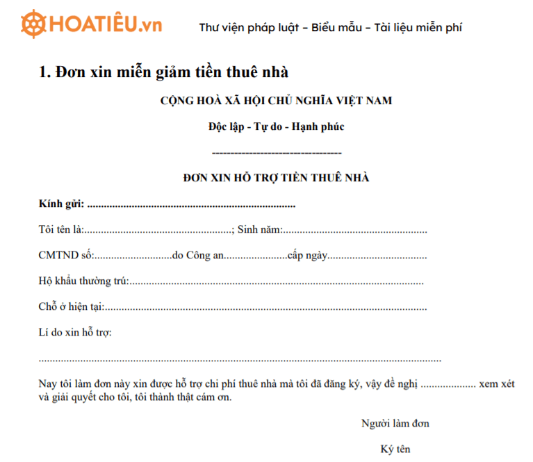 Mẫu đơn xin miễn giảm tiền thuê mặt bằng