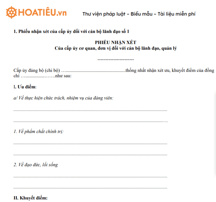 Phiếu nhận xét của cấp ủy đối với cán bộ lãnh đạo