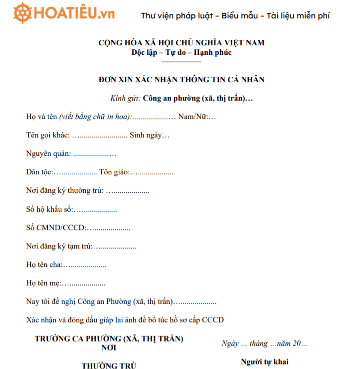 Mẫu đơn xin xác nhận quê quán