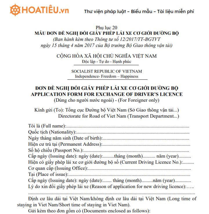 Mẫu đơn đề nghị đổi giấy phép lái xe cơ giới đường bộ cho người nước ngoài