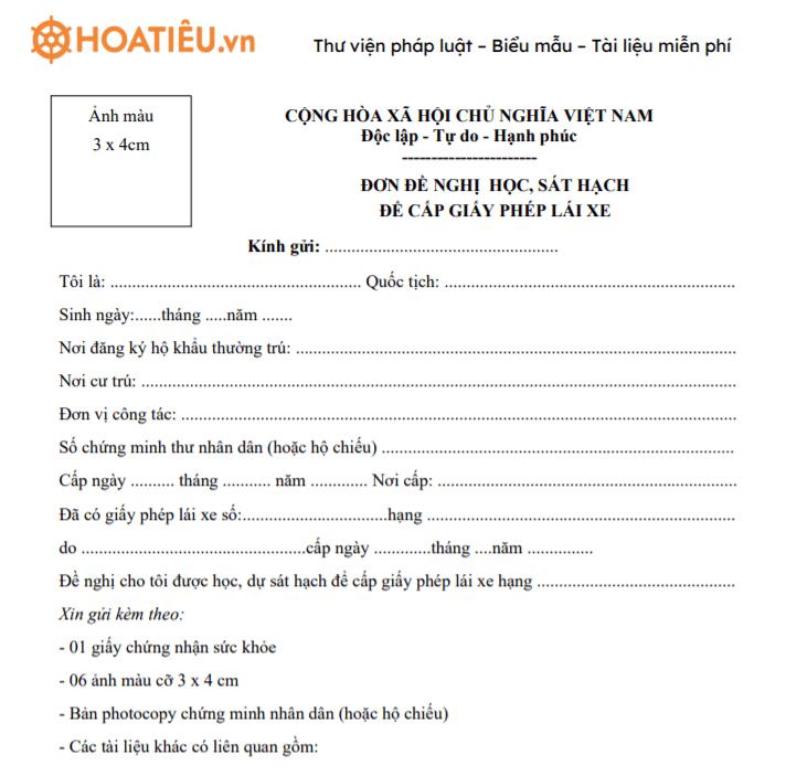 Mẫu đơn đề nghị học, sát hạch để cấp giấy phép lái xe