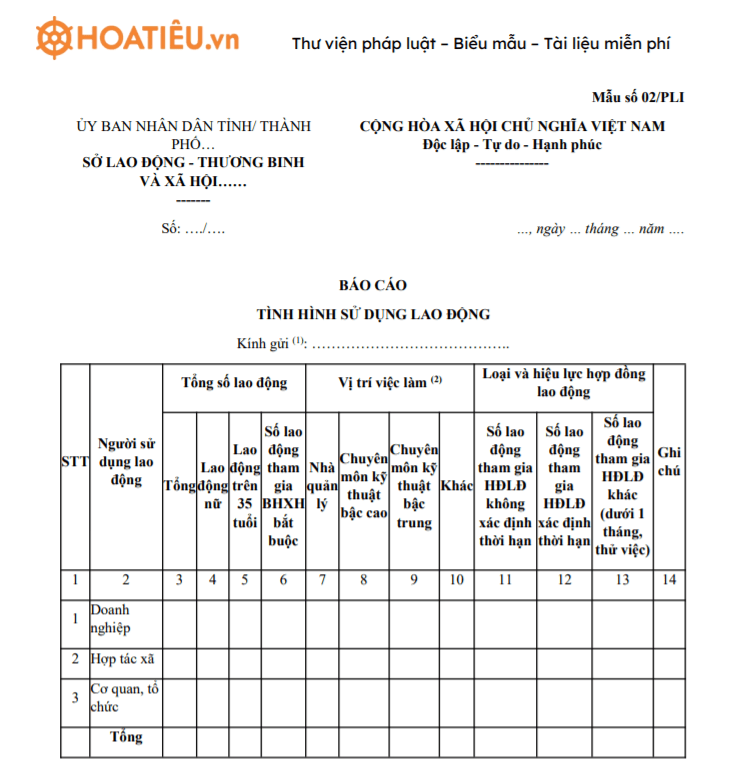 Mẫu 02/PLI: Báo cáo tình hình sử dụng lao động