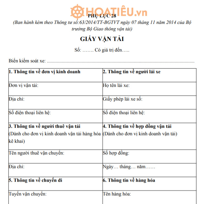 Mẫu giấy vận tải