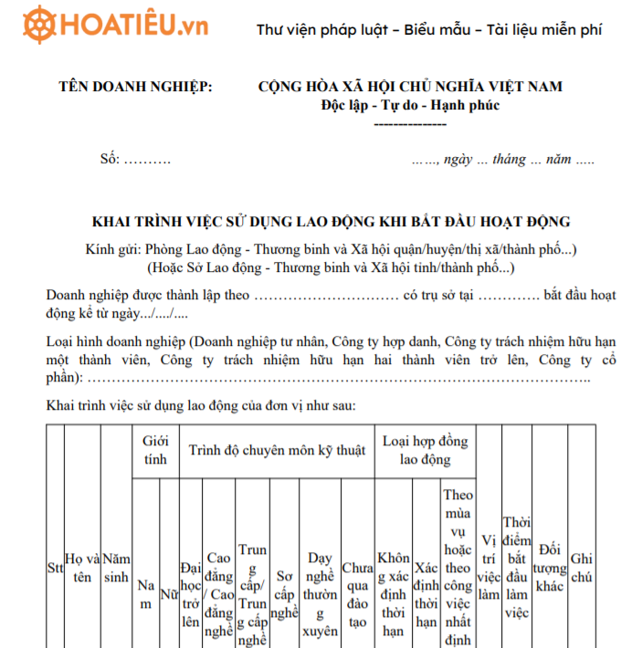 Mẫu khai trình việc sử dụng lao động