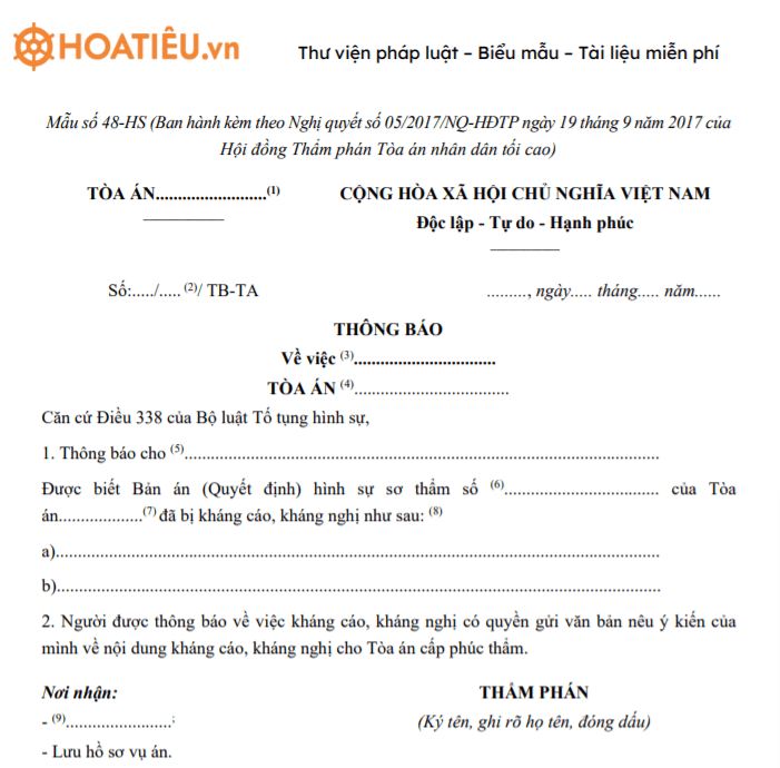 Mẫu số 48-HS: Thông báo về việc kháng cáo, kháng nghị