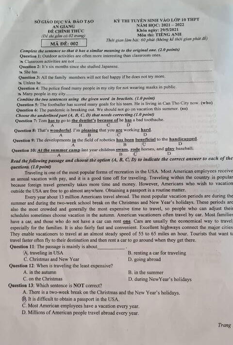 Đề thi vào lớp 10 An Giang môn Anh 2021