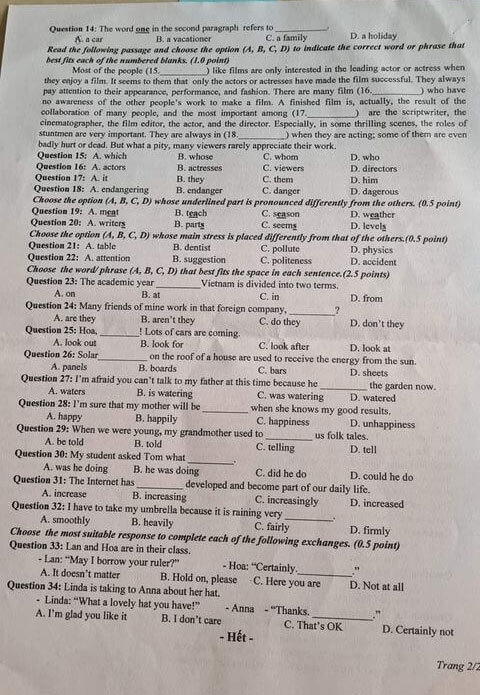 Đề thi vào lớp 10 An Giang môn Anh 2021