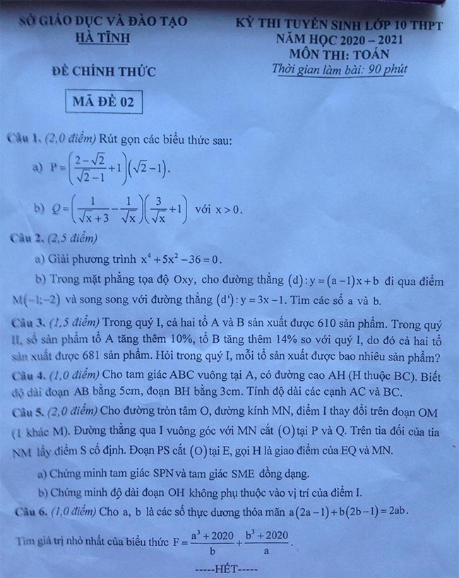 Toán Hà Tĩnh mã đề 02