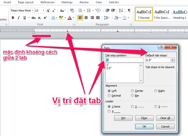 chỉnh sửa vị trí đặt tab Đặt tab trong Word