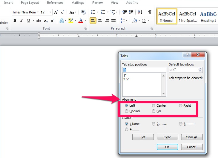 điều chỉnh loại tab trong mục Alignment Đặt tab trong Word