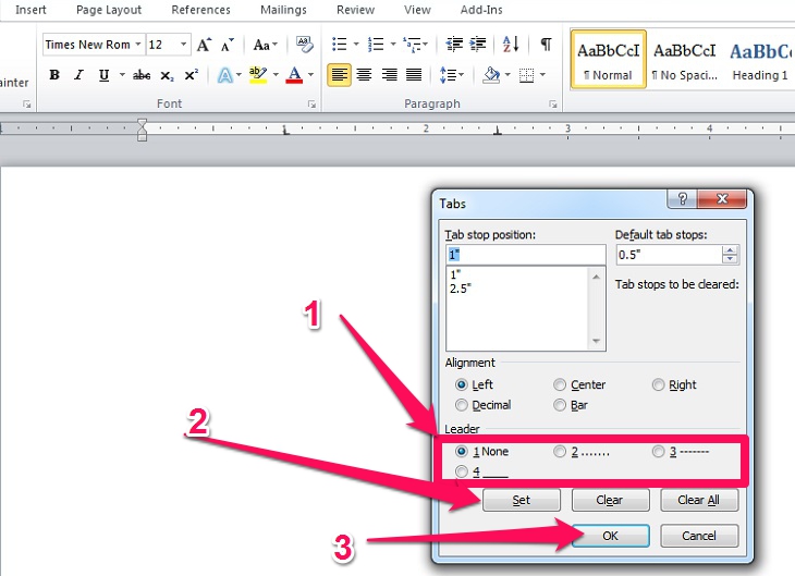 cài đặt các kí tự xuất hiện trong leader Đặt tab trong Word
