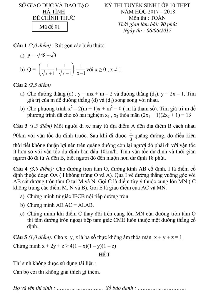Đề thi vào lớp 10 môn toán Hà Tĩnh