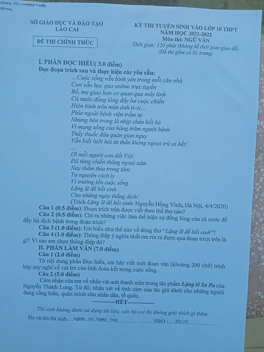 Đề thi tuyển sinh lớp 10 môn Văn 2021 Lào Cai
