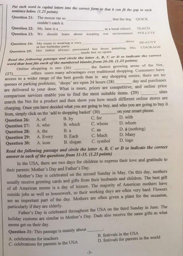 Đề thi tuyển sinh lớp 10 môn Anh 2021 Quảng Ninh