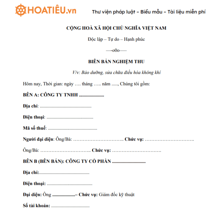 Mẫu biên bản nghiệm thu hệ thống điều hòa không khí