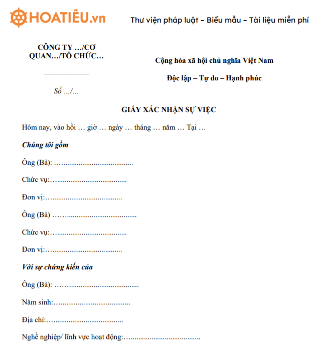 Mẫu giấy xác nhận sự việc