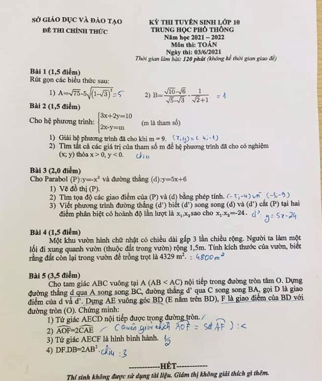 Đề thi vào lớp 10 môn Toán năm 2021