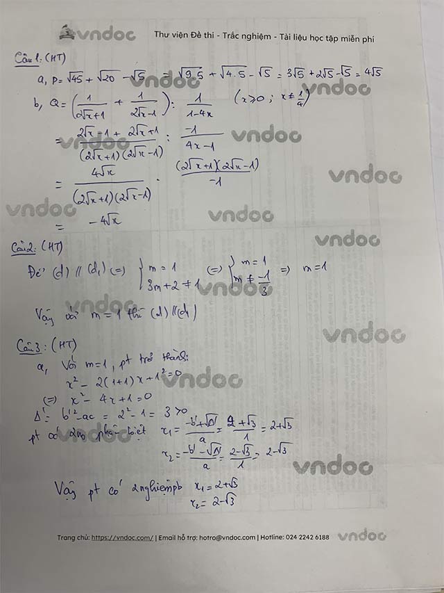 Đáp án đề thi vào lớp 10 môn toán Hà Tĩnh 2021