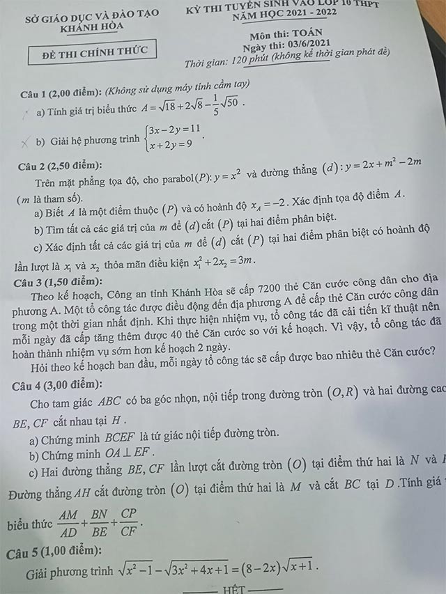 Đề thi vào lớp 10 môn Toán năm 2021 Khánh Hòa