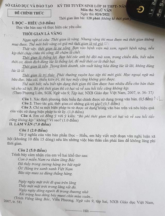 Đề thi môn Ngữ văn vào lớp 10 năm 2021