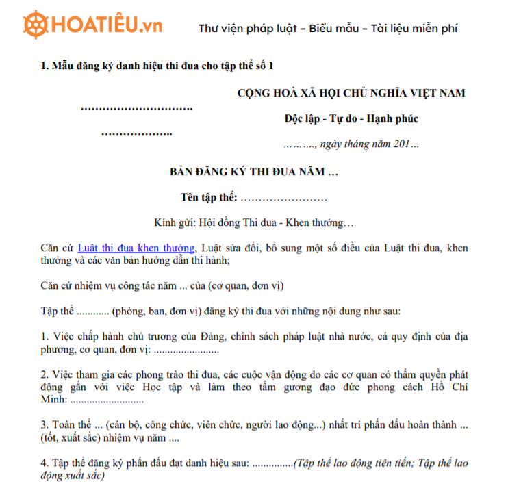 Mẫu đăng ký danh hiệu thi đua cho tập thể khối - Tổ chuyên môn