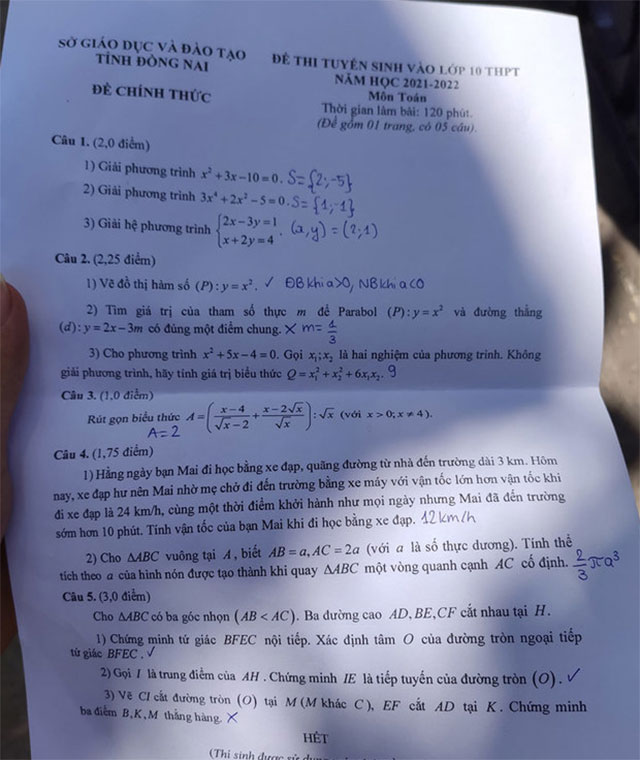 Đề thi tuyển sinh vào lớp 10 môn Toán Đồng Nai năm 2021