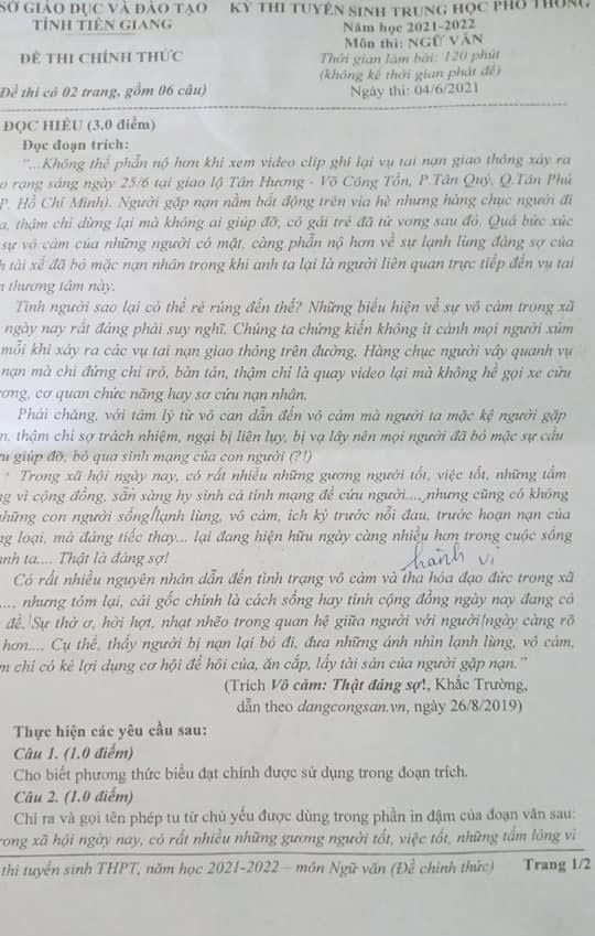 Đề thi vào lớp 10 môn Văn Tiền Giang năm 2021