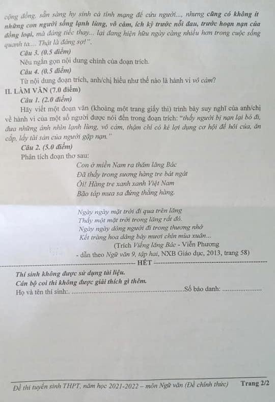 Đề thi vào lớp 10 môn Văn Tiền Giang năm 2021