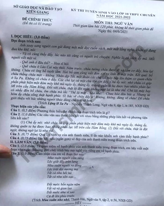 Dap an de thi vao lop 10 THPT chuyen nam 2021 mon Van tinh Kien Giang