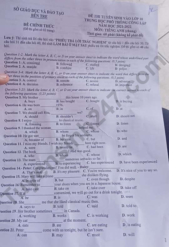 Đề thi tuyển sinh lớp 10 môn Anh 2021 Bến Tre