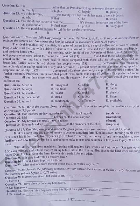 Đề thi tuyển sinh lớp 10 môn Anh 2021 Bến Tre